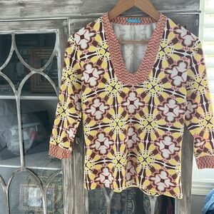 Pink, Yellow and Brown Patterned Top by J.McLaughlin, Size Small